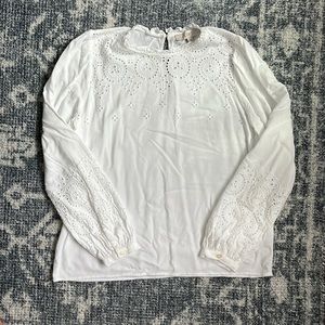 Loft White Eyelet Blouse with Puff Sleeves